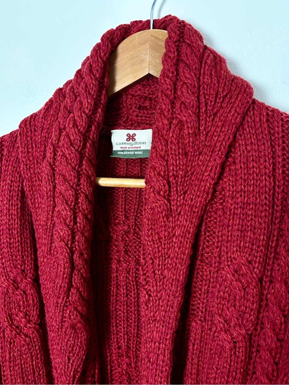Carraig Donn Red Merino Wool Cable Knit Wrap Cardigan | Size M | Made in Ireland